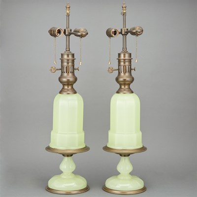 Lot 213 - Pair of Green Opaline Glass Lamps Height 20...