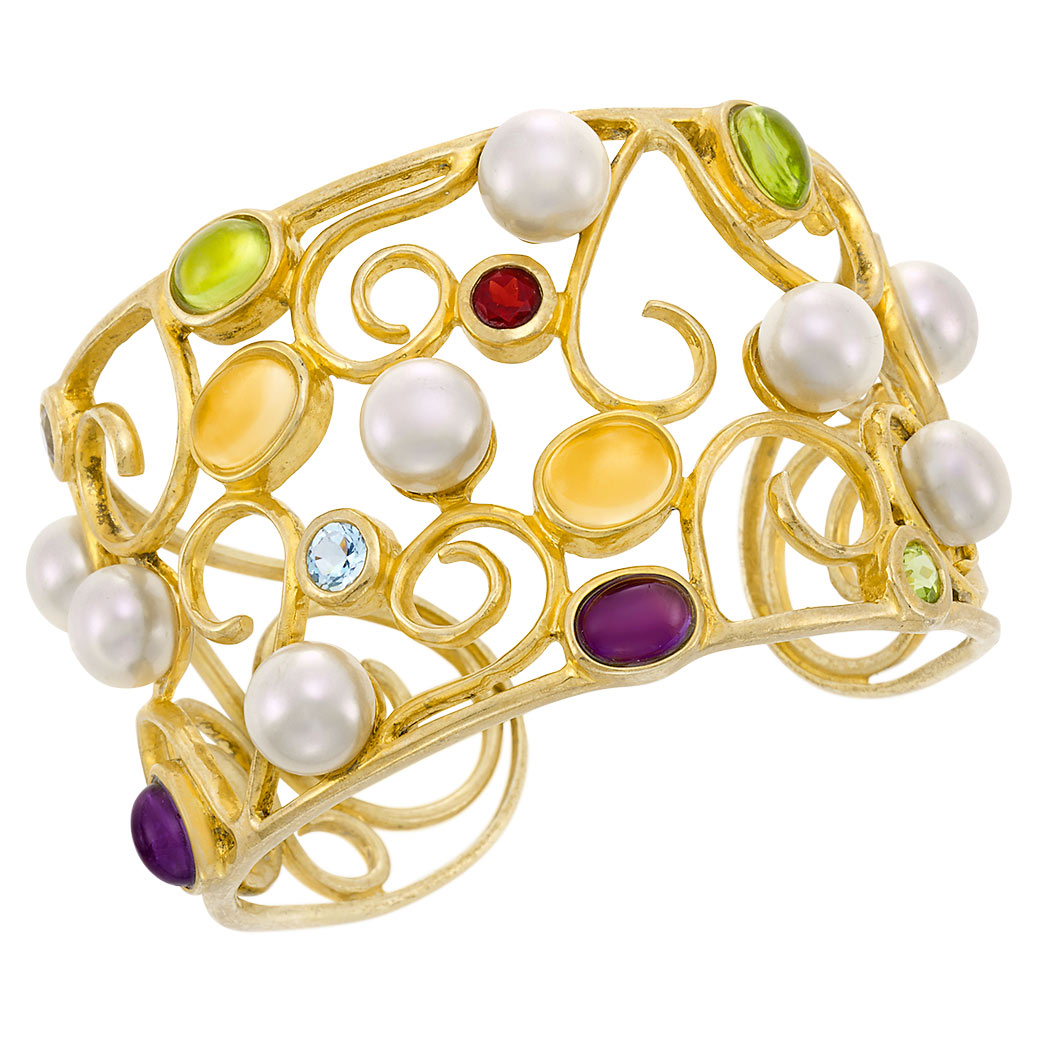Lot 11 - Gold, Freshwater Pearl and Gem-Set Cuff Bangle Bracelet