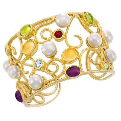 Lot 11 - Gold, Freshwater Pearl and Gem-Set Cuff Bangle Bracelet