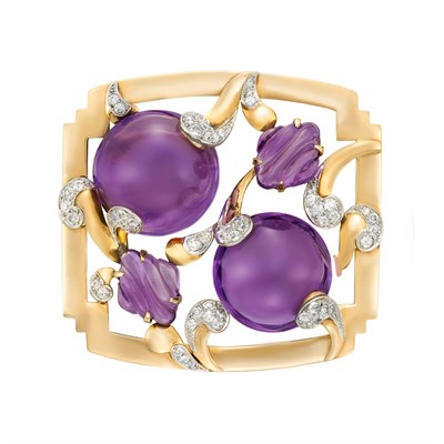 Lot 60 - Gold, Platinum, Cabochon and Carved Amethyst and Diamond Brooch