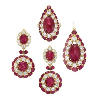 Lot 301 - Gold, Cabochon Ruby, Diamond and Ruby Ring, Van Cleef & Arpels, and Pair of Pendant-Earrings and Pendant