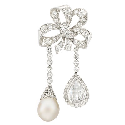 Lot 479 - Platinum, Silver, Diamond and Natural Pearl Brooch