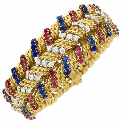 Lot 303 - Gold, Platinum, Diamond, Ruby and Sapphire Bracelet, Verger Freres