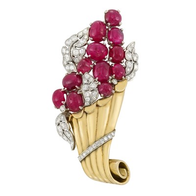 Lot 294 - Gold, Platinum, Cabochon Ruby and Diamond Clip-Brooch