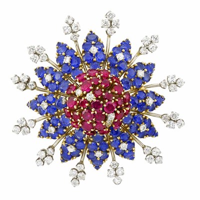 Lot 302 - Gold, Platinum, Ruby, Sapphire and Diamond Brooch