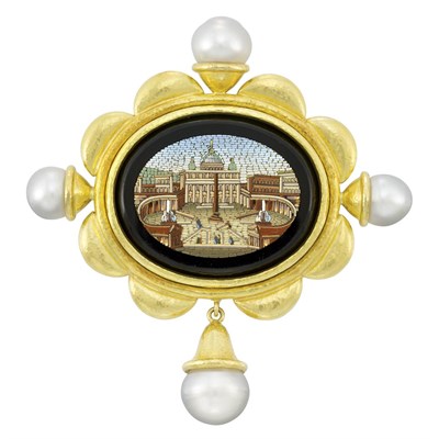 Lot 190 - Hammered Gold, Black Onyx, Micromosaic and Cultured Pearl Clip-Brooch, Elizabeth Locke
