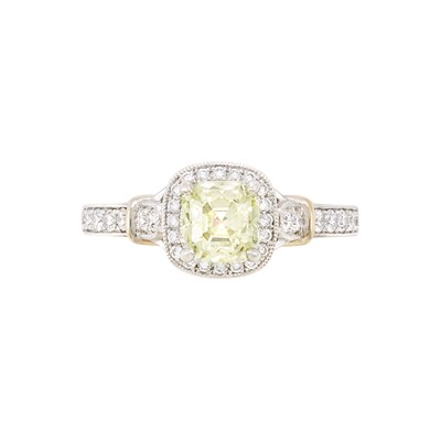 Lot 168 - White Gold, Fancy Light Yellowish Green Diamond and Diamond Ring
