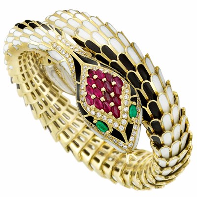 Lot 420 - Gold, Enamel, Diamond and Gem-Set Serpent Bracelet