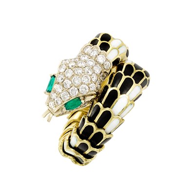 Lot 421 - Gold, Diamond, Emerald and Enamel Serpent Ring