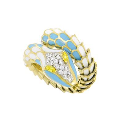 Lot 321 - Gold, Enamel, Diamond and Black Diamond Serpent Ring
