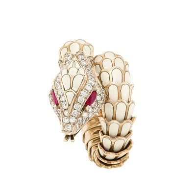 Lot 426 - Rose Gold, Diamond, Ruby and Enamel Serpent Ring