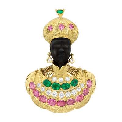 Lot 268 - Gold, Gem-Set and Diamond Blackamoor Clip, Nardi