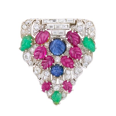 Lot 129 - Art Deco Platinum, Carved Colored Stone and Diamond 'Tutti Frutti' Brooch