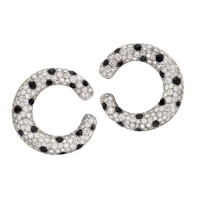 Lot 249 - Pair of Platinum, Diamond and Black Onyx Hoop Earrings
