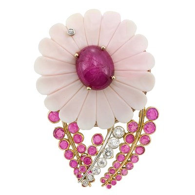 Lot 380 - Gold, Platinum, Carved Pink Shell, Cabochon Ruby, Ruby and Diamond Flower Clip