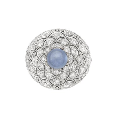 Lot 381 - Platinum, Cabochon Sapphire and Diamond 'Ecailles' Ring, René Boivin