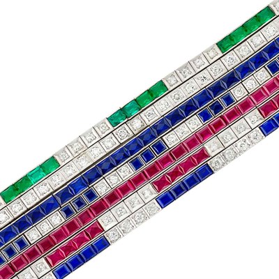 Lot 143 - Wide Seven Row Platinum, Diamond, Sapphire and Synthetic and Simulated Colored Stone Straightline Bracelet