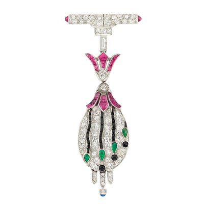 Lot 103 - Platinum, Diamond, Black Onyx and Gem-Set Lapel-Watch