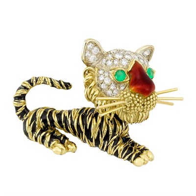 Lot 432 - Two-Color Gold, Enamel, Diamond and Dyed Green Chalcedony Tiger Clip-Brooch, Frascarolo