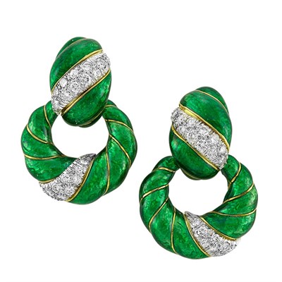 Lot 415 - Pair of Gold, Platinum, Green Enamel and Diamond Door Knocker Earrings, David Webb