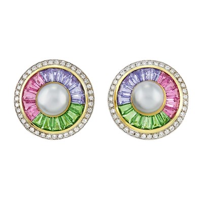 Lot 171 - Pair of Two-Color Gold, Cultured Pearl, Multicolored Stone and Diamond Earrings