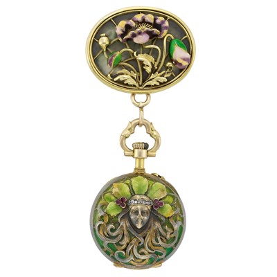 Lot 44 - Art Nouveau Gold, Plique-a-Jour Enamel, Enamel, Diamond and Cabochon Ruby Lapel-Watch