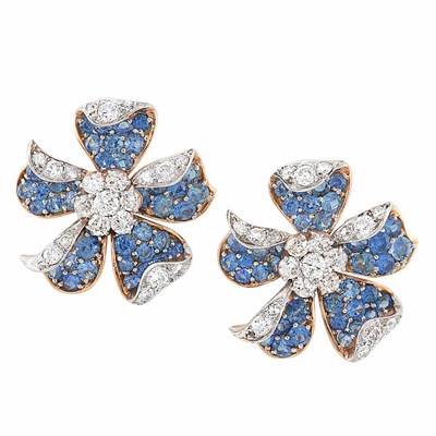 Lot 386 - Pair of Gold, Platinum, Diamond and Sapphire Flower Earrings, Van Cleef & Arpels