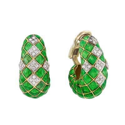 Lot 176 - Pair of Gold, Platinum, Green Enamel and Diamond Hoop Earclips