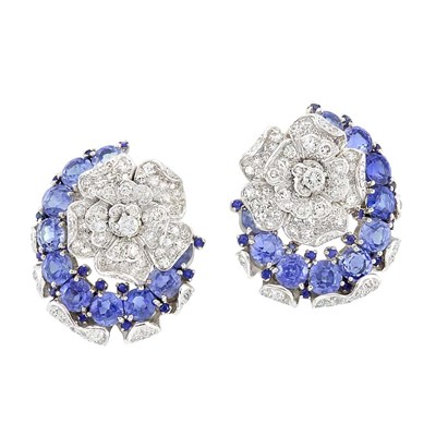 Lot 372 - Pair of Platinum, Diamond and Sapphire Flower Earclips