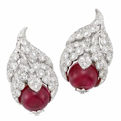 Lot 362 - Pair of Platinum, Red Spinel Bead and Diamond Earclips, David Webb