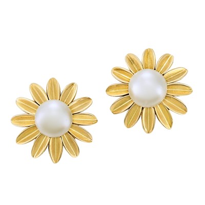 Lot 413 - Pair of Gold and Natural Button Pearl Flower Earclips, Van Cleef & Arpels