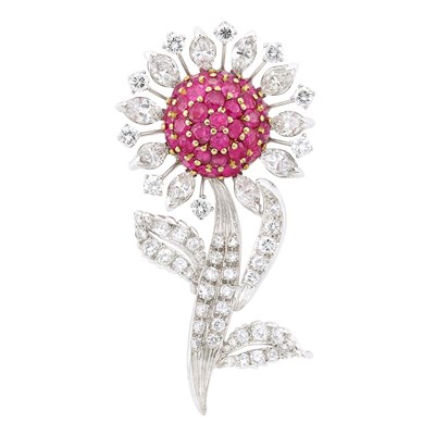 Lot 308 - Platinum, Gold, Ruby and Diamond Flower Clip-Brooch