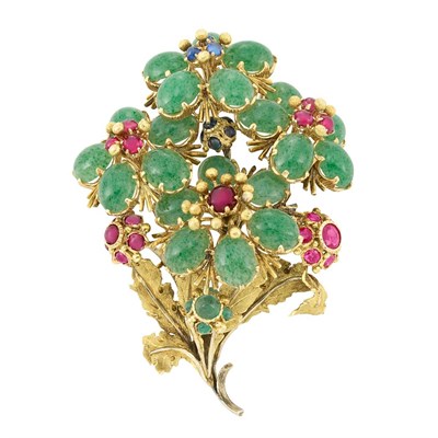 Lot 267 - Gold, Cabochon Aventurine Quartz, Ruby and Sapphire Bouquet Clip-Brooch, Buccellati