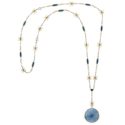 Lot 475 - Edwardian Platinum, Gold, Blue Guilloche Enamel, White Enamel, Seed Pearl, Ruby and Sapphire Pendant-Necklace