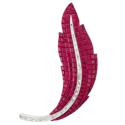 Lot 340 - White Gold, Invisibly-Set Ruby and Diamond Leaf Brooch