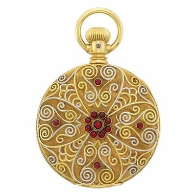 Lot 47 - Antique Gold, Platinum and Cabochon Garnet Open Face Pocket Watch, American Waltham Watch Co.