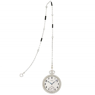Lot 98 - Art Deco Platinum and Diamond Open Face Dress Watch with Fob Chain, Cartier, Paris, European Watch & Clock Co., Inc.