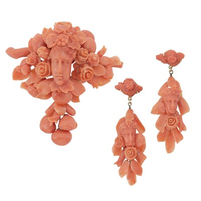 Lot 25 - Antique Carved Coral Brooch and Pair of Pendant-Earclips