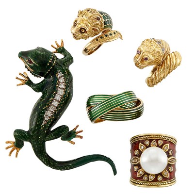 Lot 1501 - Group of Gold and Enamel Rings and Lizard Pin