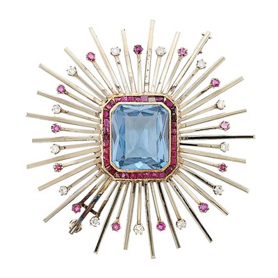 Lot 1502 - Two-Color Gold, Blue Topaz, Ruby and Diamond Brooch