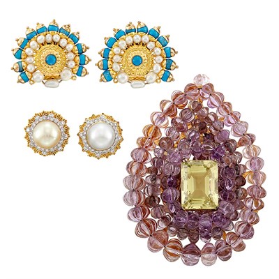Lot 1503 - Two Pairs of Gold, Turquoise, Cultured Pearl and Diamond Earrings and Amethyst Brooch