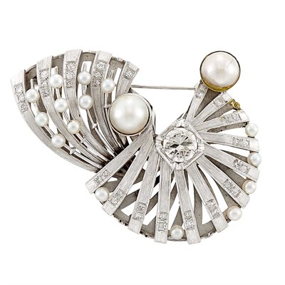 Lot 1504 - White Gold, Diamond and Cultured Pearl Brooch