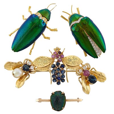 Lot 1505 - Group of Four Gold, Diamond, Sapphire, Ruby and Cultured Pearl Bug Pins