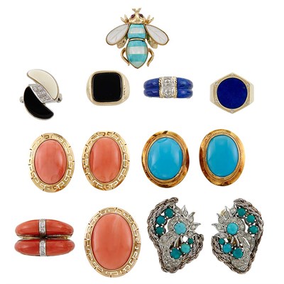 Lot 1506 - Group of Two-Color Gold and Metal Rings, Earrings and Pin