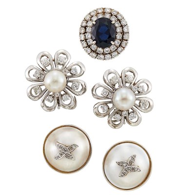 Lot 1507 - Two Pairs of White Gold, Cultured Pearl and Diamond Earrings and Synthetic Sapphire and Diamond Ring