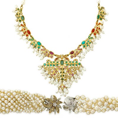 Lot 1510 - Two Two-Color Gold and Silver Multistrand Pearl Bracelets and Multicolored Stone Necklace