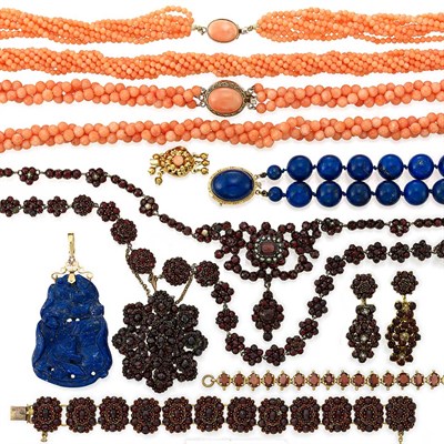 Lot 1511 - Group of Gold and Metal Bead Necklaces and Garnet and Glass Jewelry