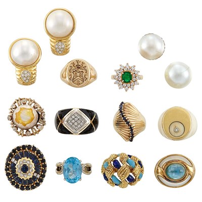 Lot 1518 - Group of Gold and Metal Rings and Pair of Earrings