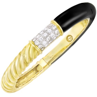 Lot 3350 - Gold, Diamond and Black Onyx Bangle Bracelet
