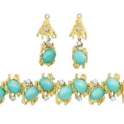 Lot 3027 - Gold, Turquoise and Diamond Bracelet and Pair of Ear-Pendants